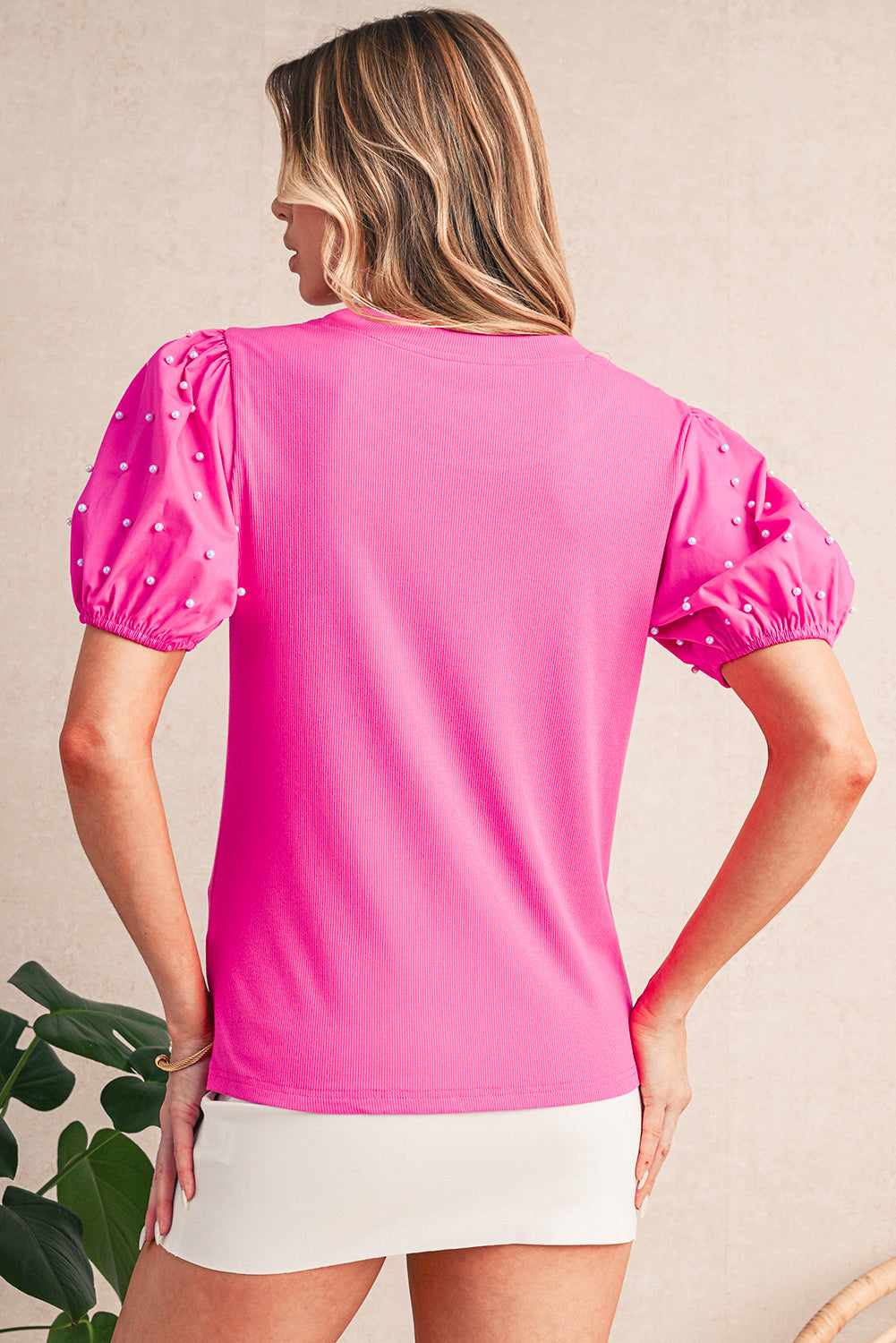 Black Pearl Beaded Puff Sleeve Ribbed Top