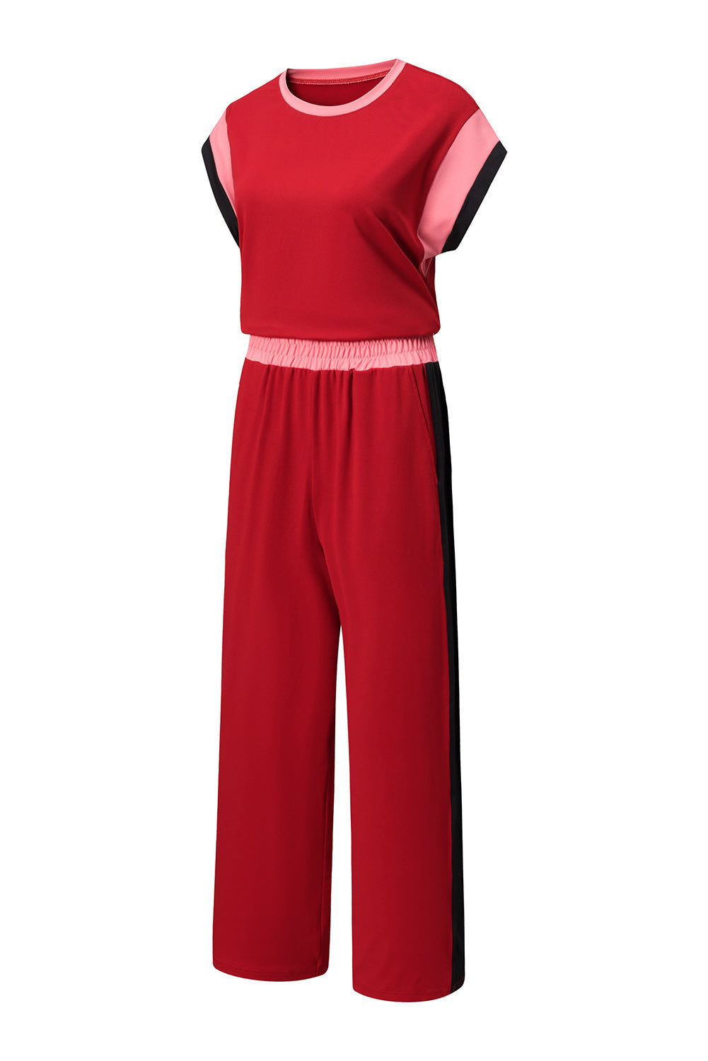 Racing Red Color Block Detail Casual Two-piece Set