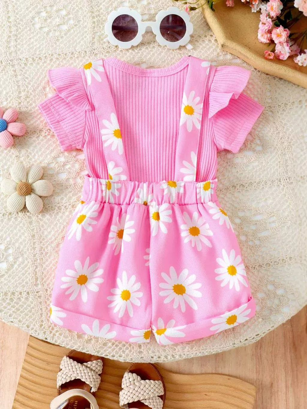 Children's Ruffle Trim Ribbed Top and Daisy Overalls Set
