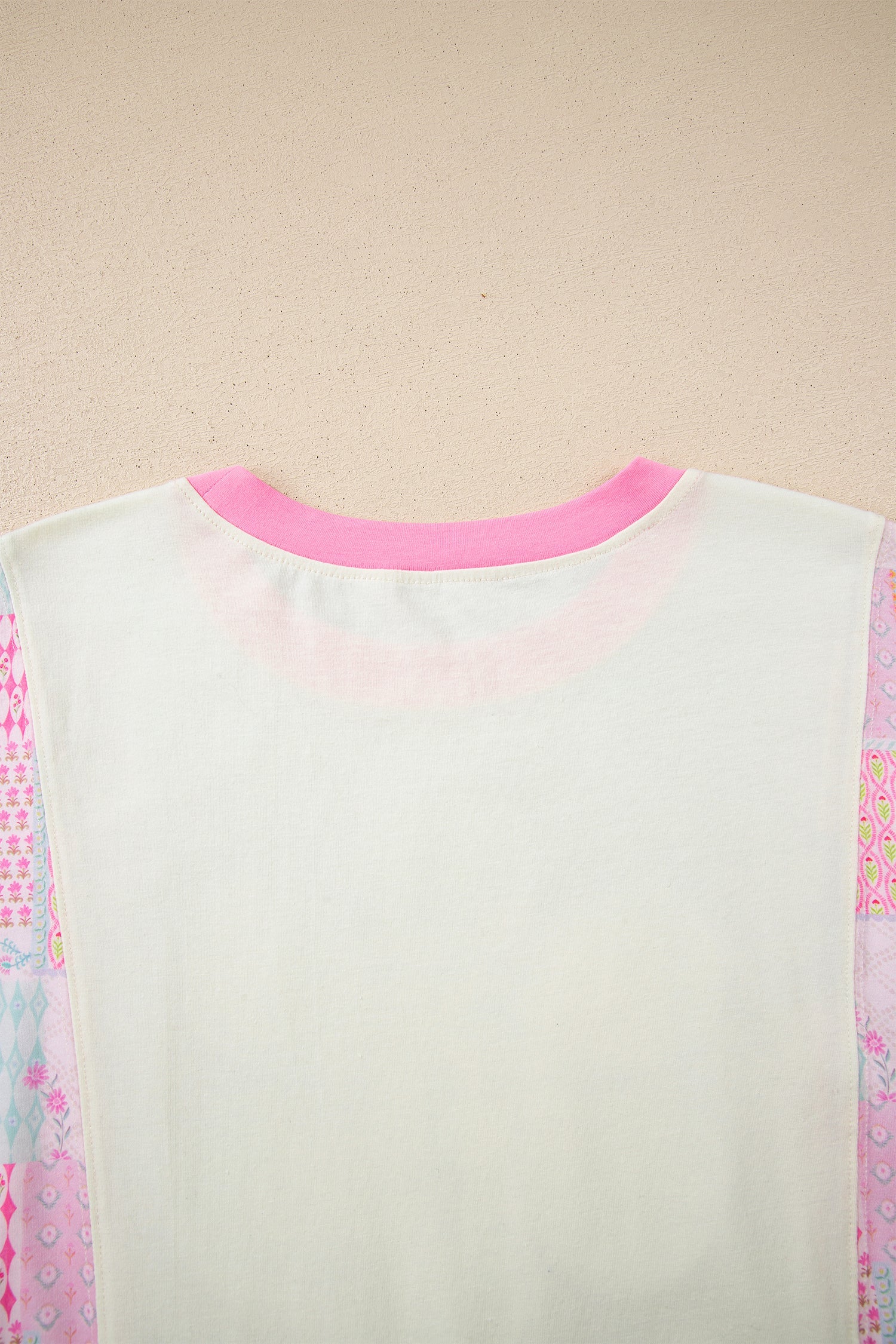Beige Color Block Floral Patchwork Big Flower Accent Relaxed Top