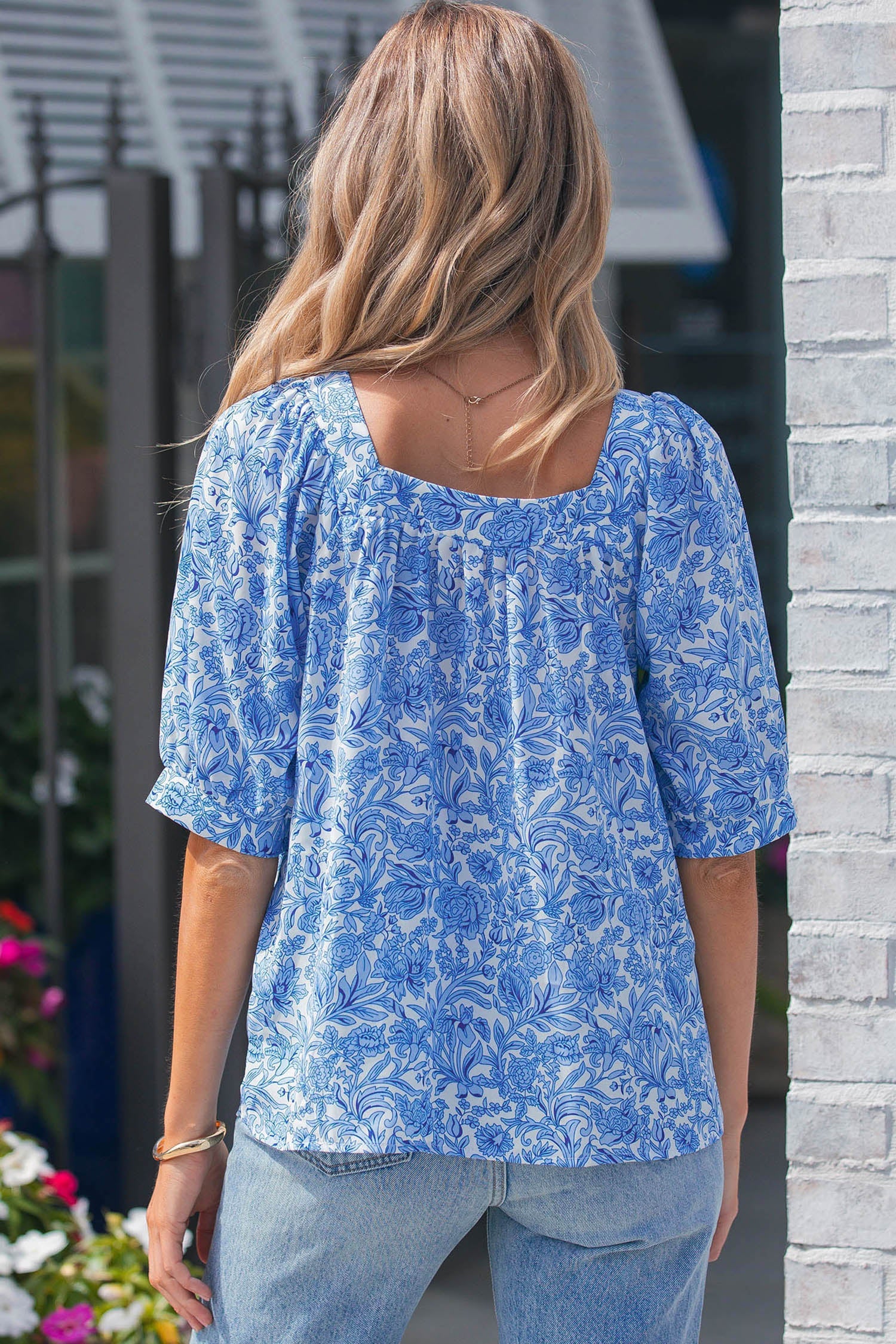 Sky Blue Square Neck Short Puff Sleeve Pleated Floral Blouse