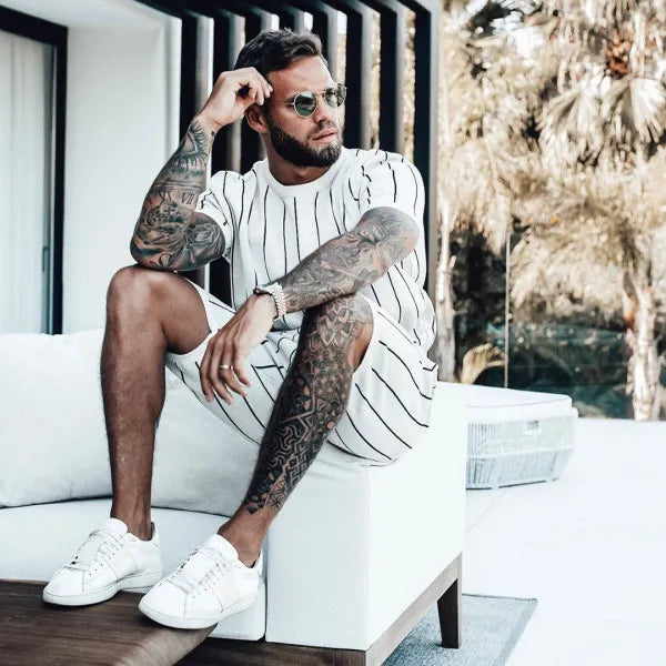Men's Full Size Striped Casual Top and Shorts Summer Set Plus Size
