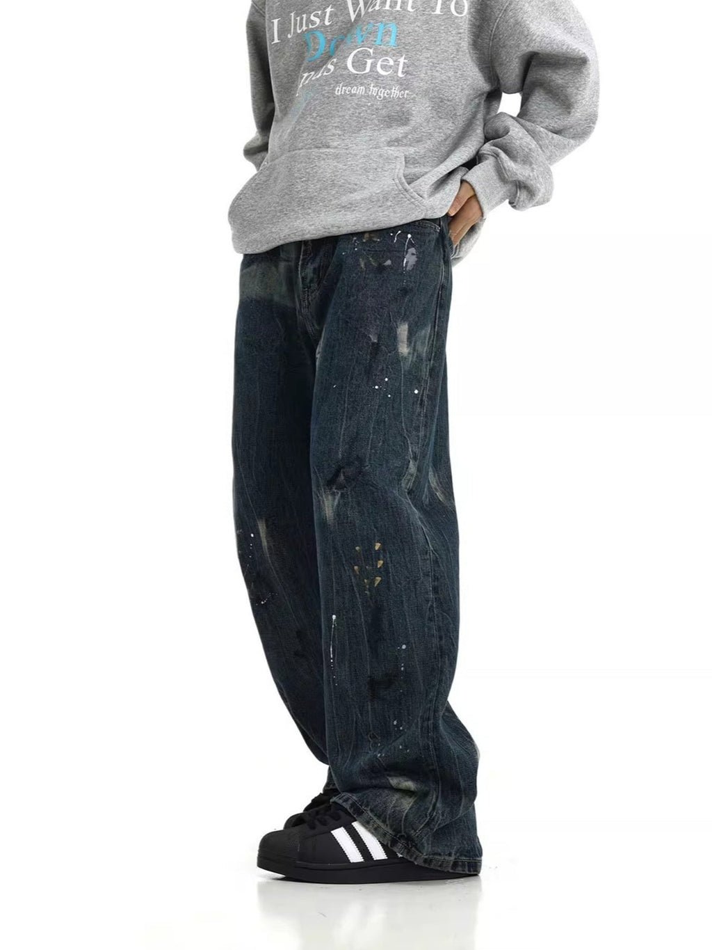 Men's Full Size Paint-Splattered Wide Leg Jeans Plus Size