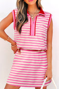 Sachet Pink Textured Stripe Print Contrast Trim Zip Collar Sleeveless 2pcs Skort Set