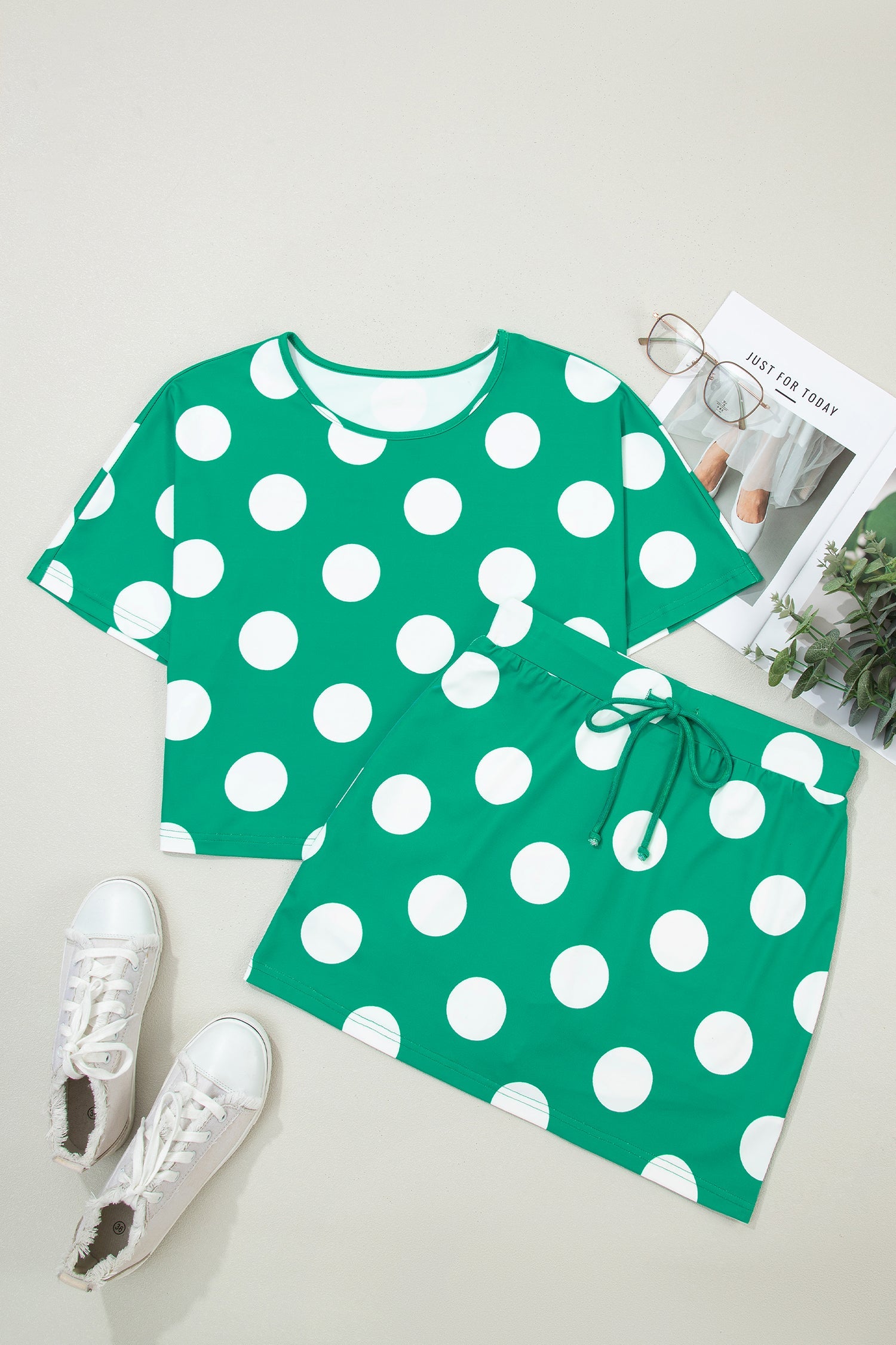 Green Polka Dot Print Cropped Tee Bodycon Skort 2pcs Set