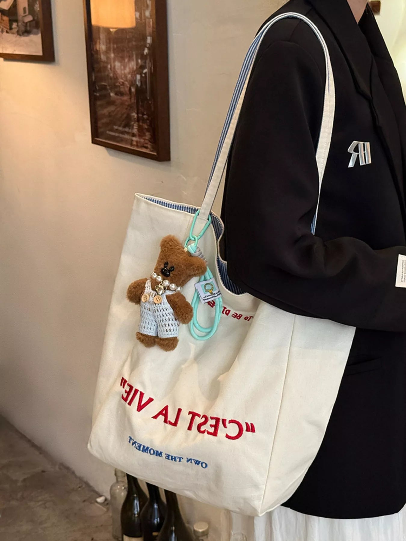 Letter Embroidered Canvas Shoulder Bag