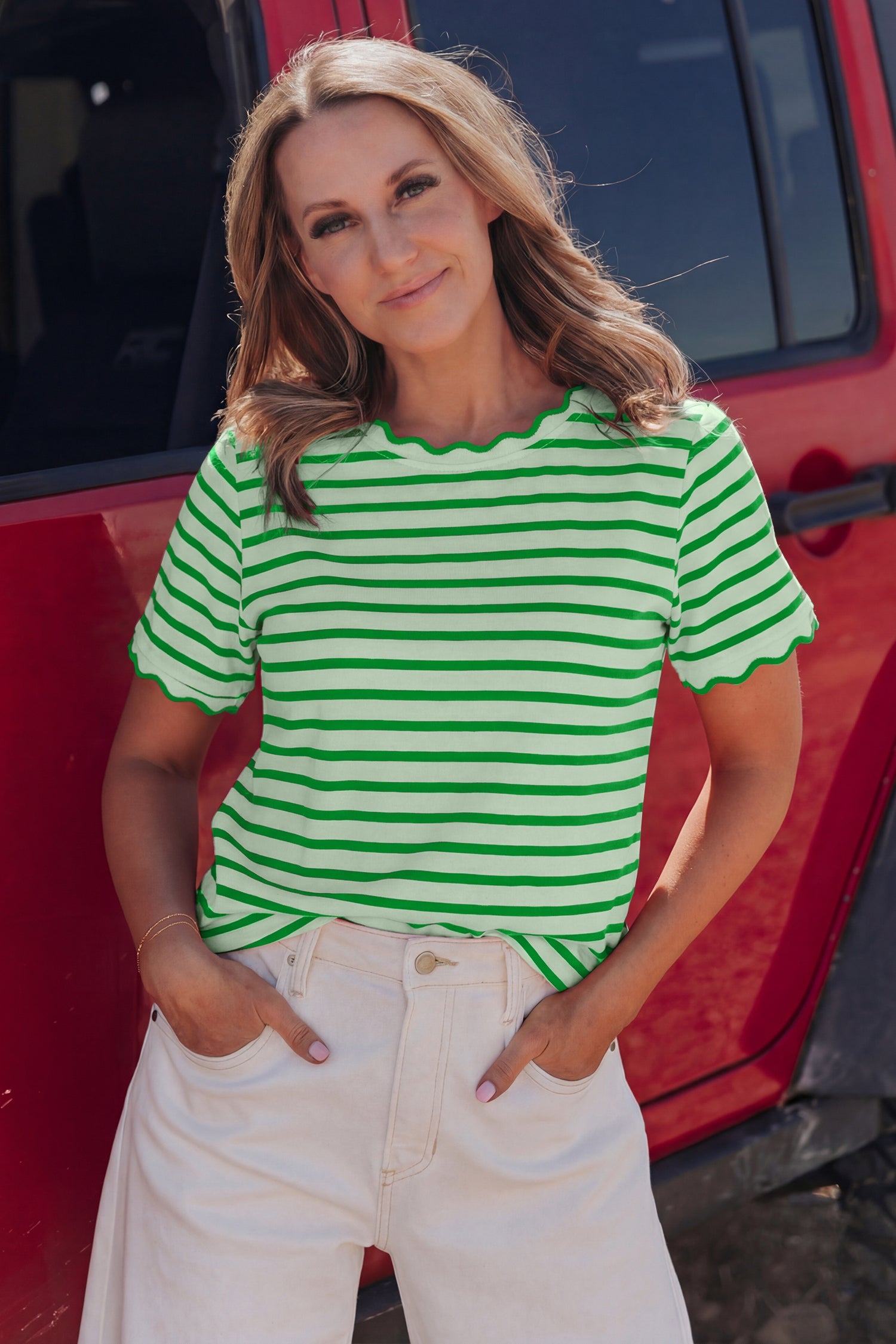Green Stripe Scalloped Trim Round Neck T Shirt