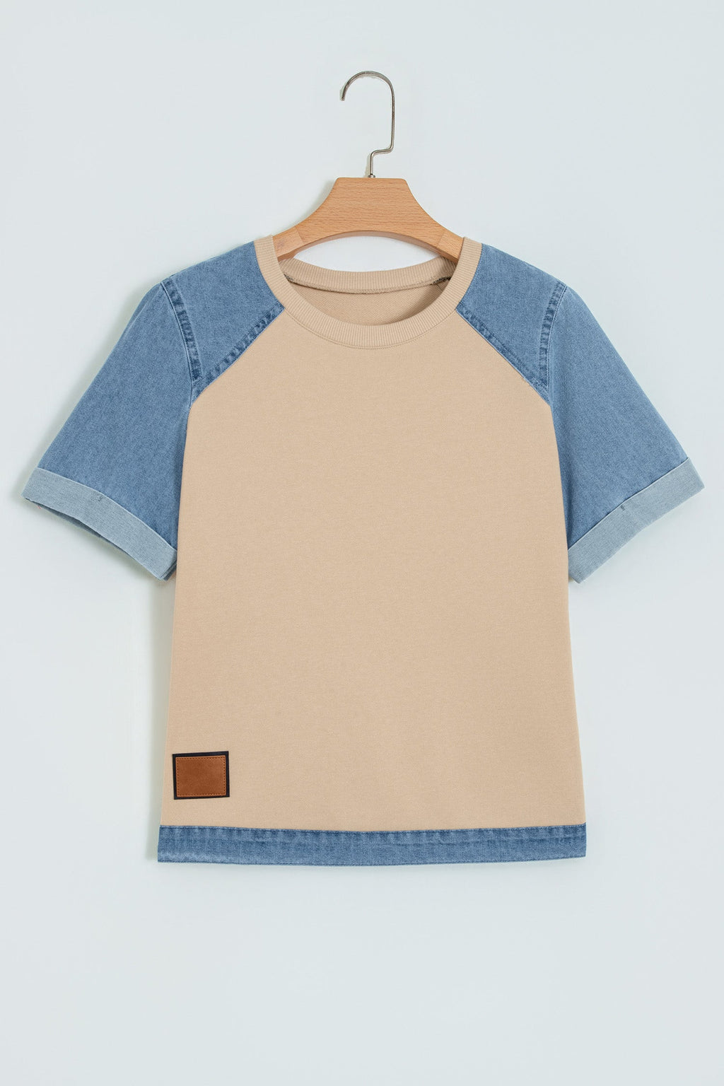 Beige Denim Color Block Patchwork Round Neck Tee