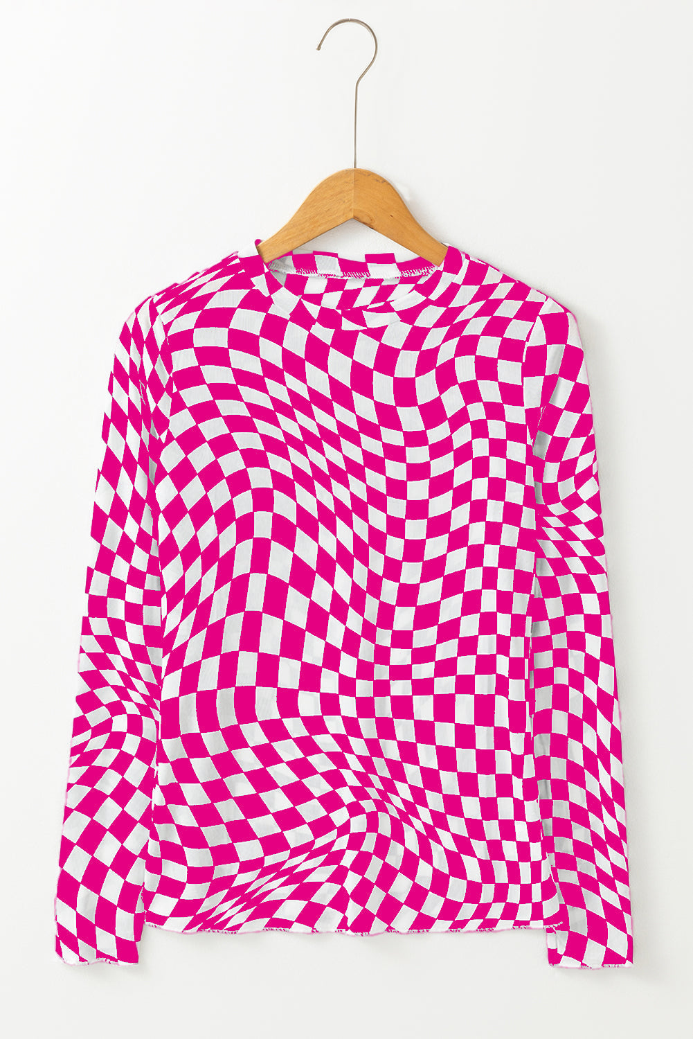 Rose Checkered Pattern Mesh Long Sleeve Top