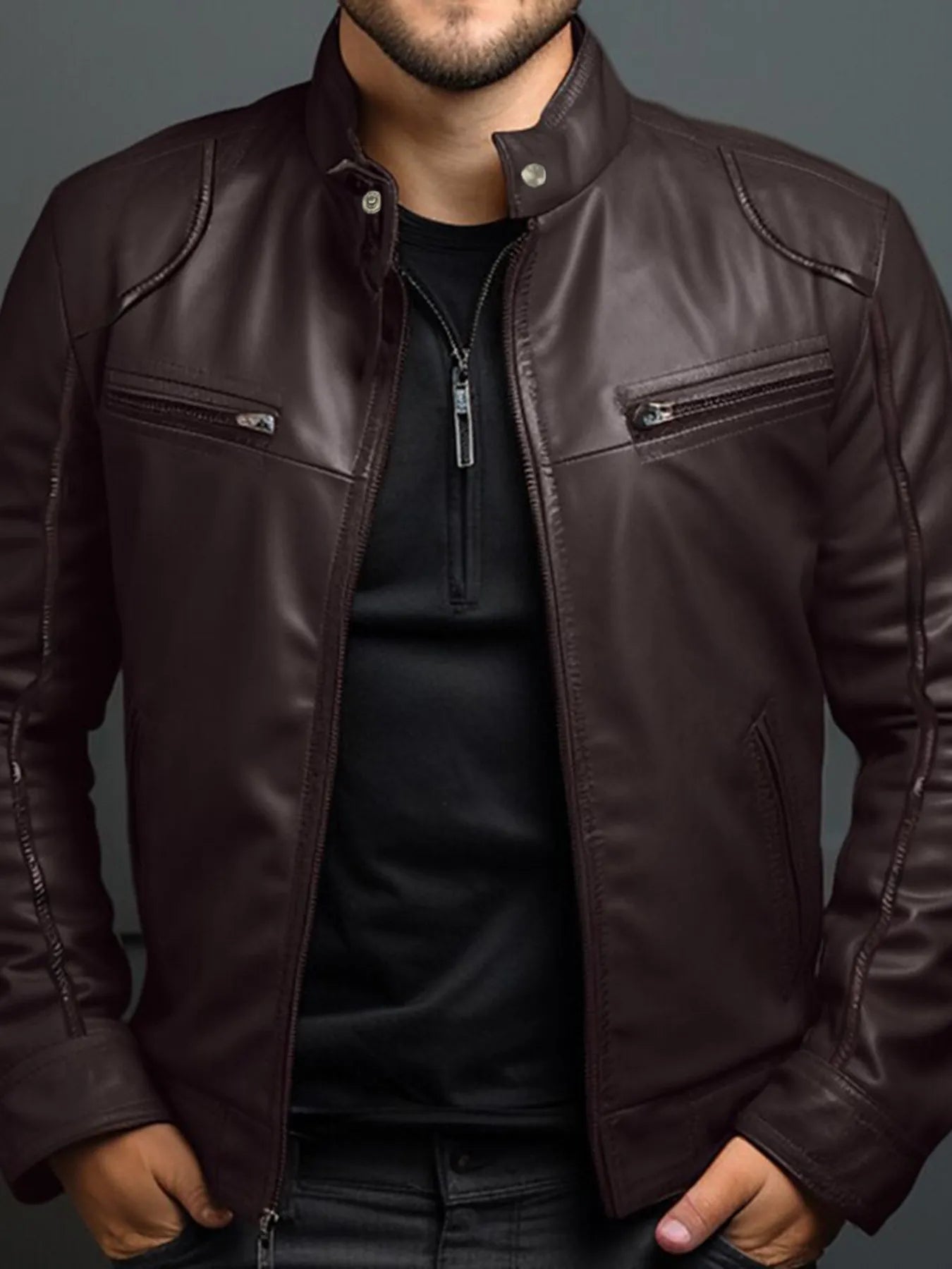 Men's Full Size Leather Motorcycle Jacket with Zipper Front Plus Size