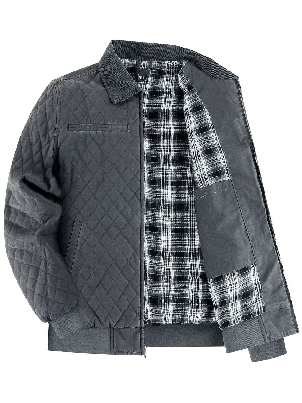Men's Quilted Collared Neck Jacket with Plaid Lining