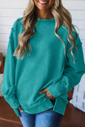 Sea Green Horizontal Ribbed Exposed Seam Detail Drop Shoulder Baggy Pullover