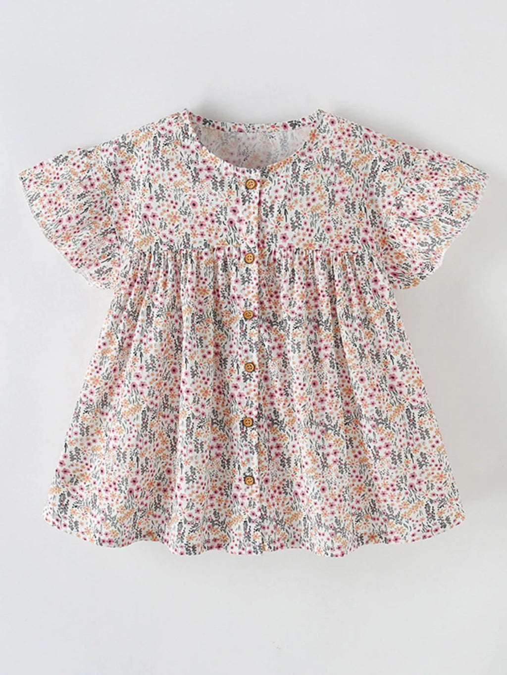 Children's Floral Print Button-Front Ruffle Sleeve Dress