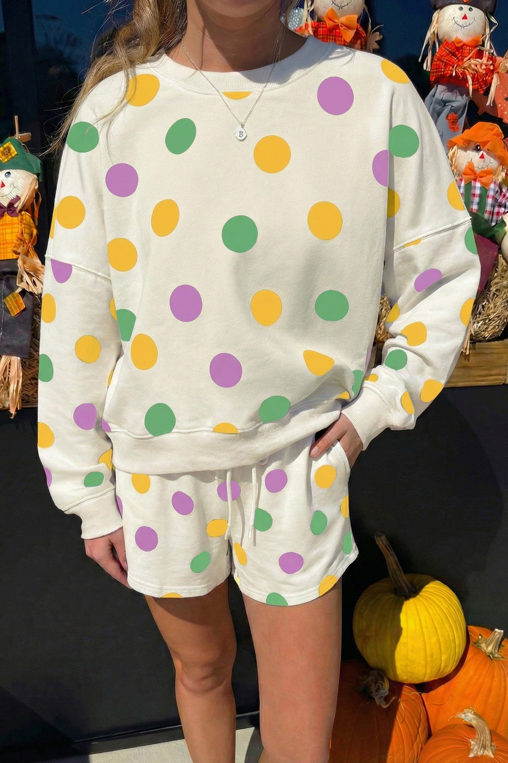 Multicolour Polka Dot Print Drop Shoulder Pullover Drawstring Shorts Set