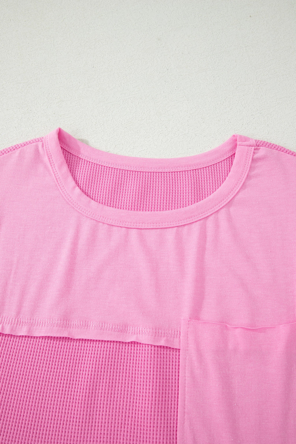Pink Solid Color Raw Seam Waffled Patchwork Casual T Shirt