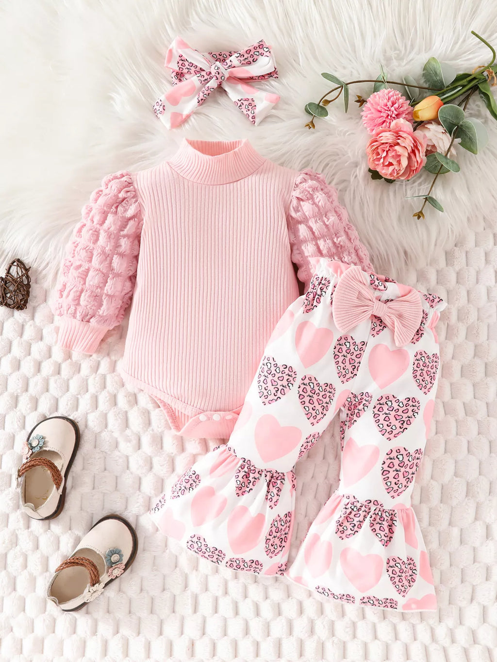Children's Bubble Texture Long Sleeve Top and Pants Set with Headband
