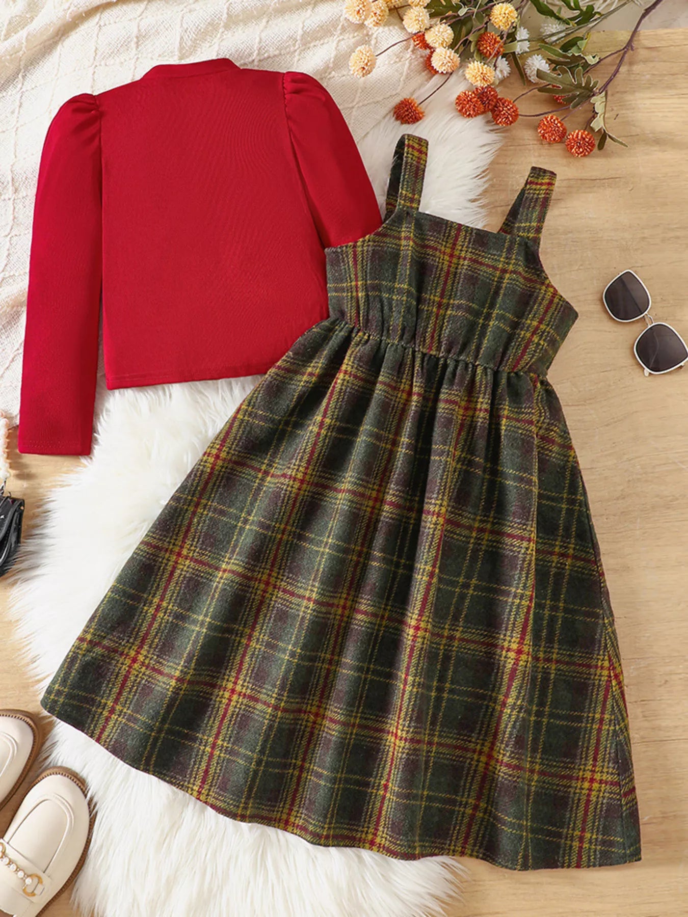 Children's Long Sleeve Top and Plaid Dress Set