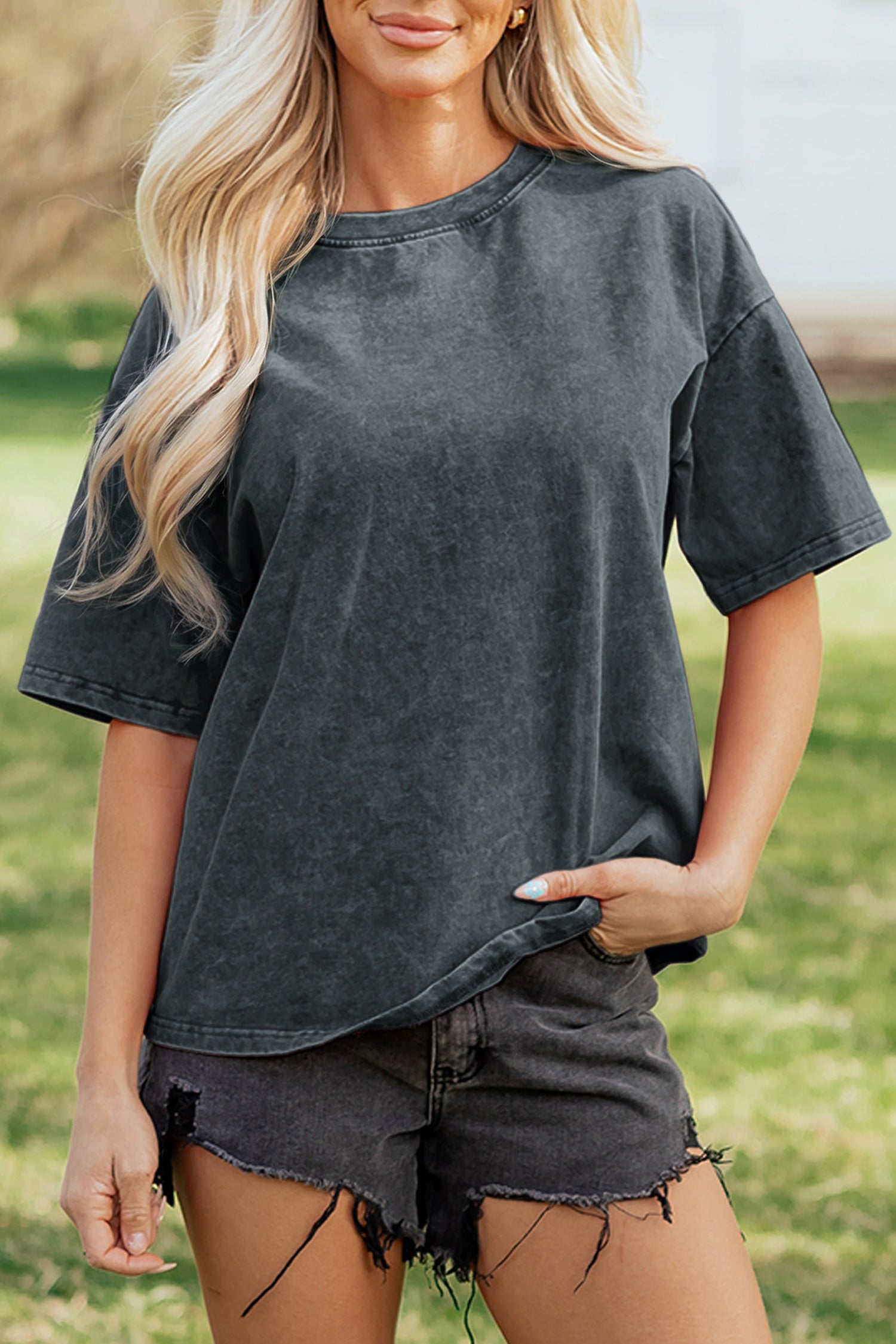 Dark Grey Solid Color Cotton Mineral Washed Oversize Tee