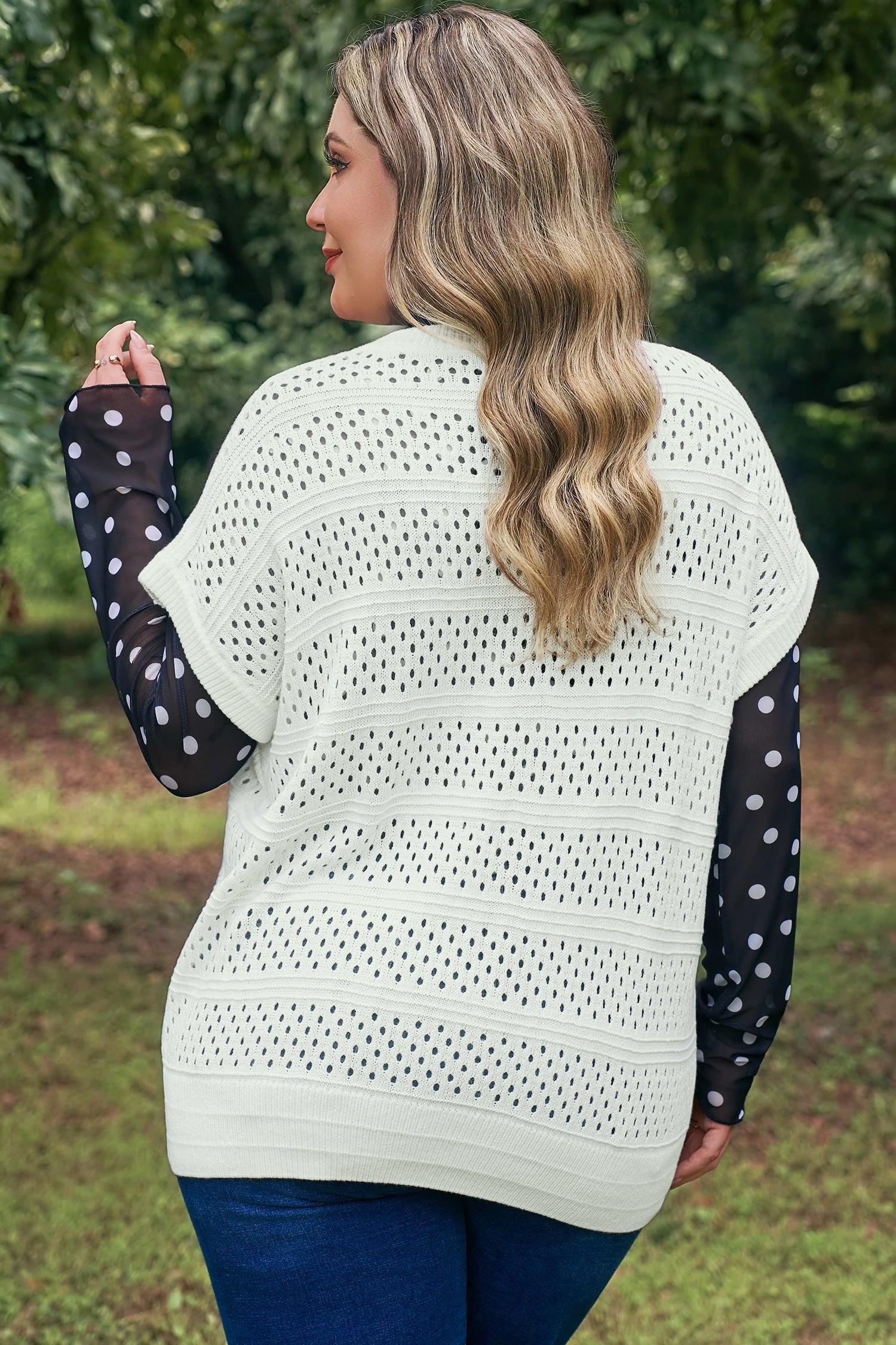 White Plus Size Eyelet Hollow Out Knit Ribbed Trim Short Sleeve Dolman Sweater