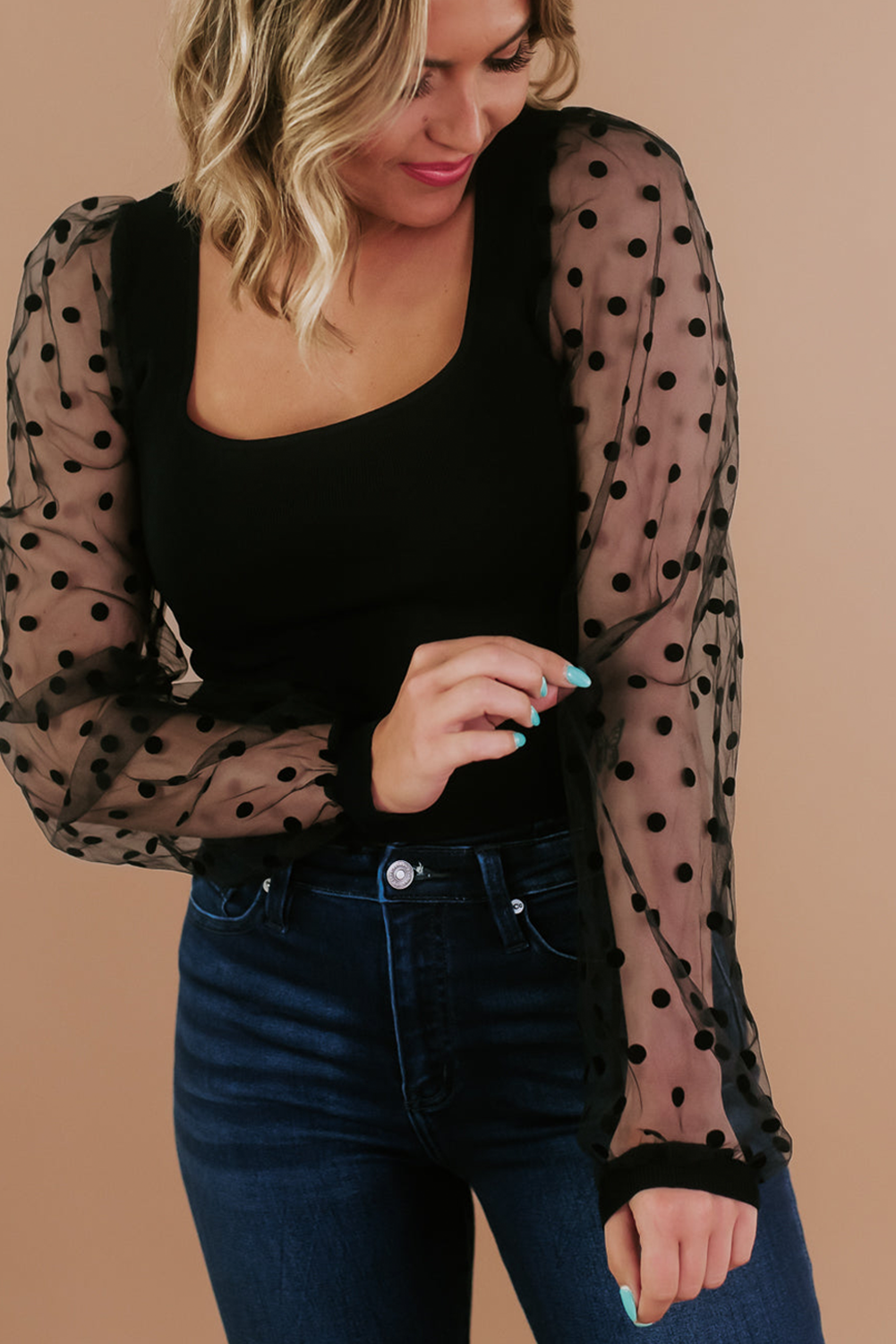 Black Polka Dot Mesh Puff Sleeve Patchwork Ribbed Square Neck Slim Top