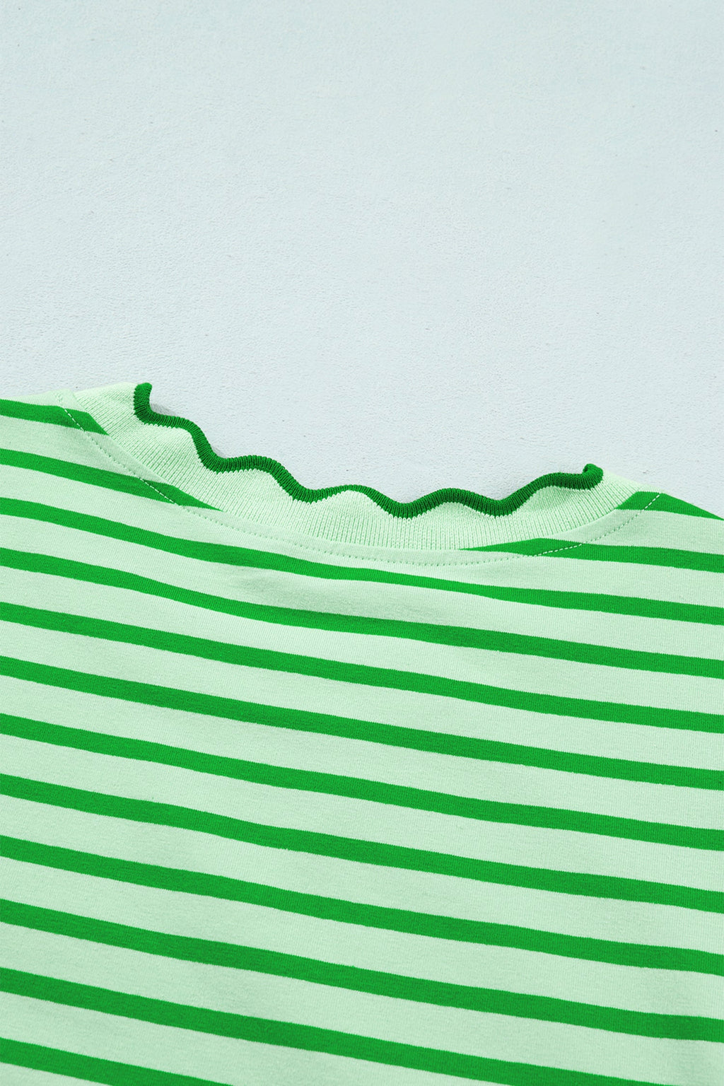 Green Stripe Scalloped Trim Round Neck T Shirt