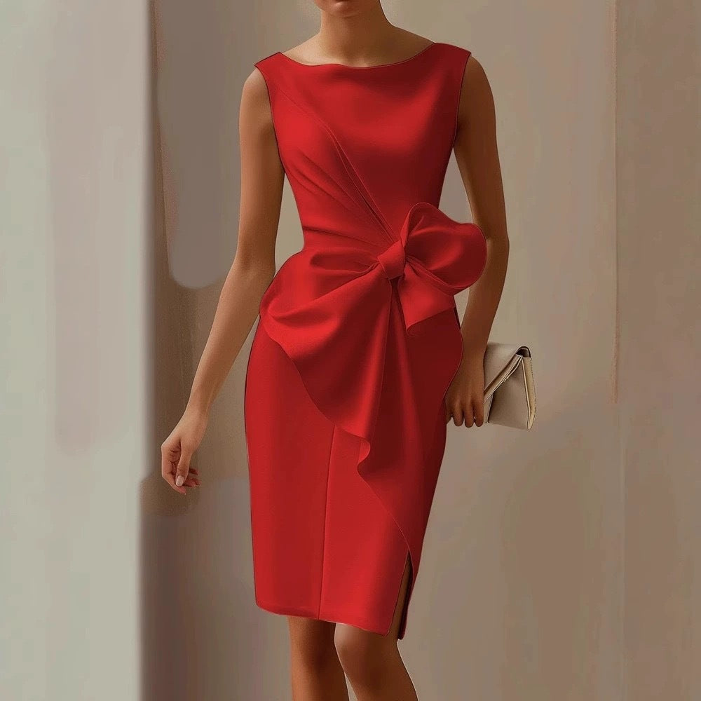 Women's Bow-Knot Sleeveless Midi Dress – High Waist A-Line