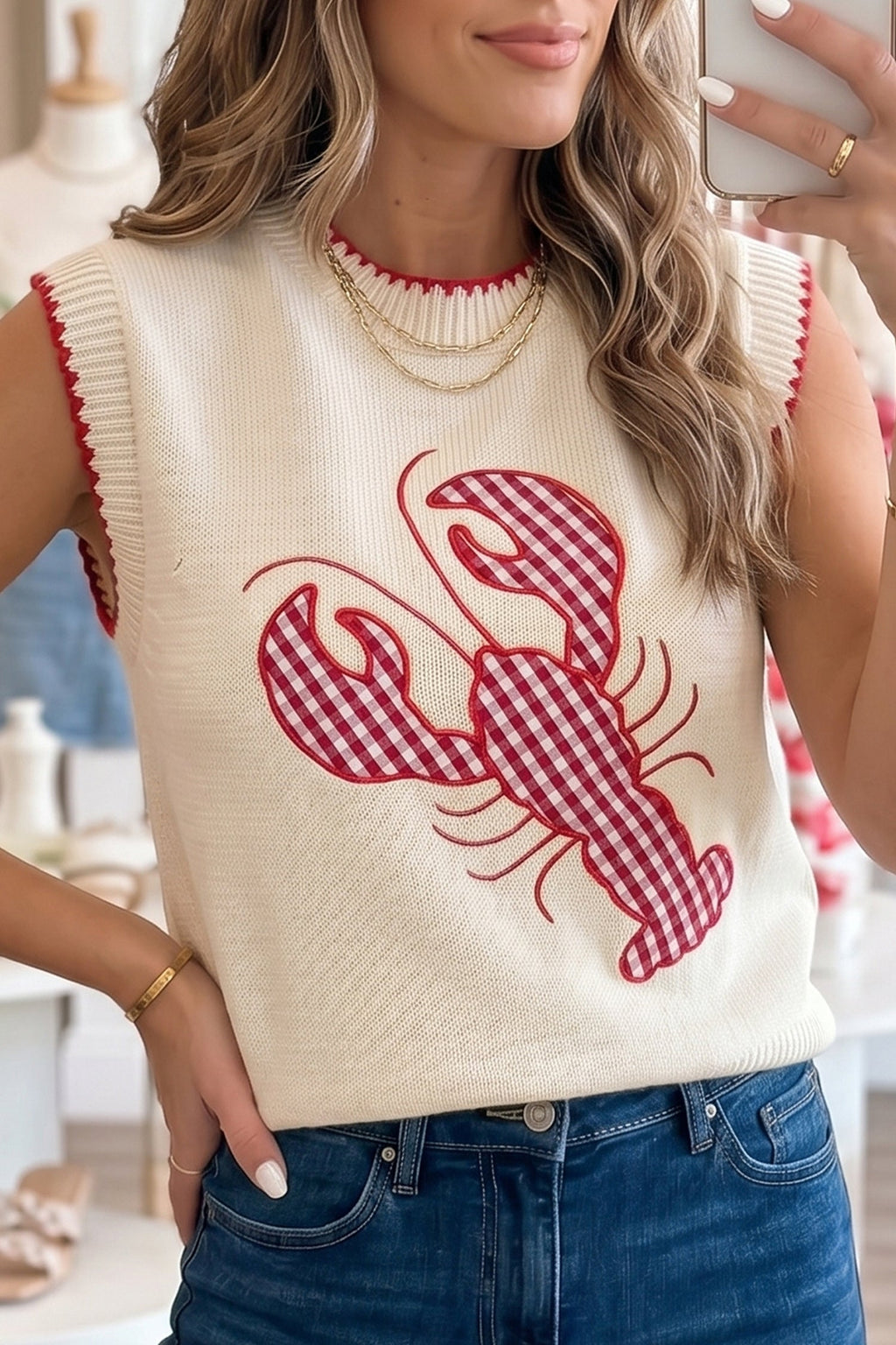 Beige Plaid Crawfish Crew Neck Knit Sweater Vest