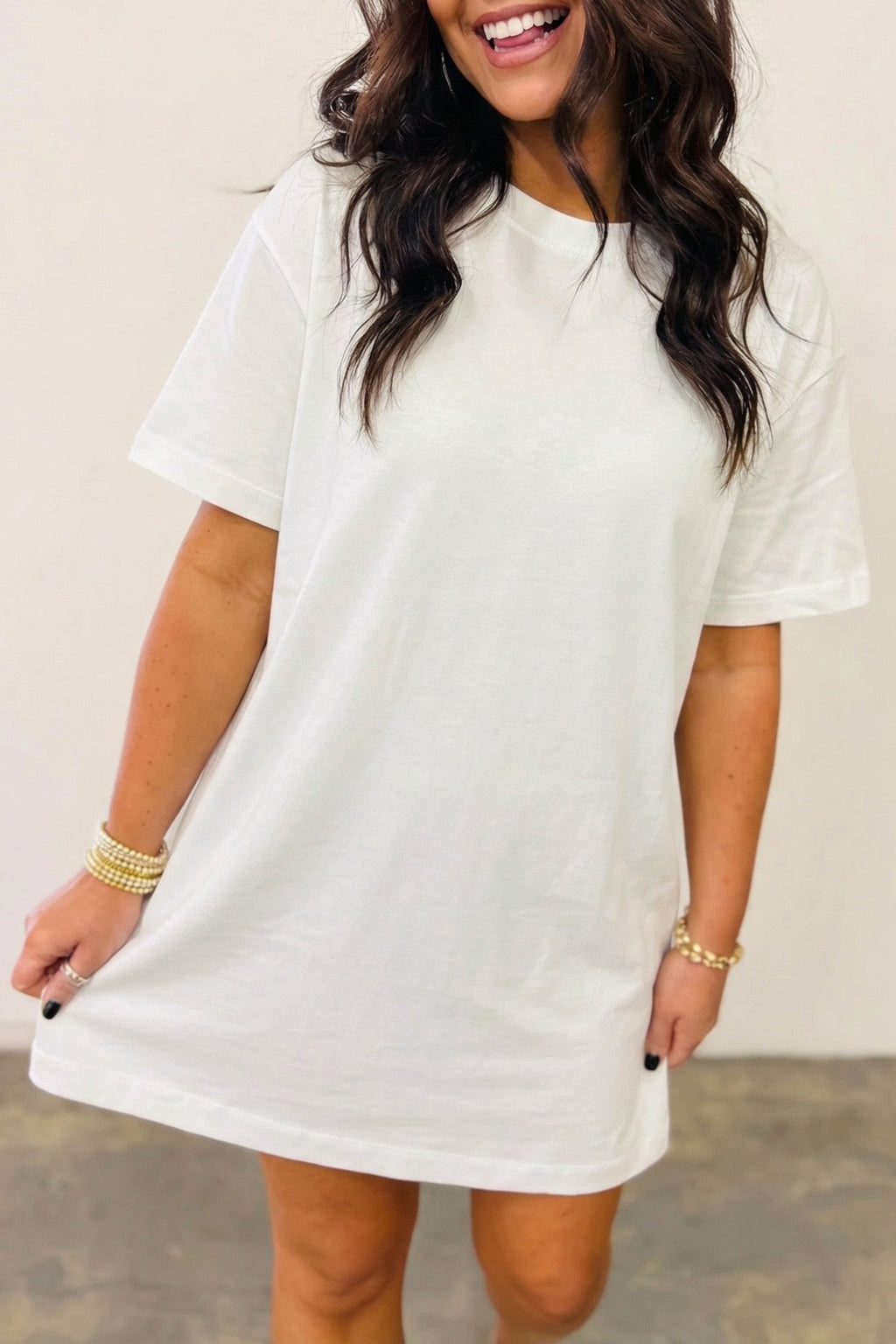 White Drop Shoulder Crew Neck Shift T Shirt Dress