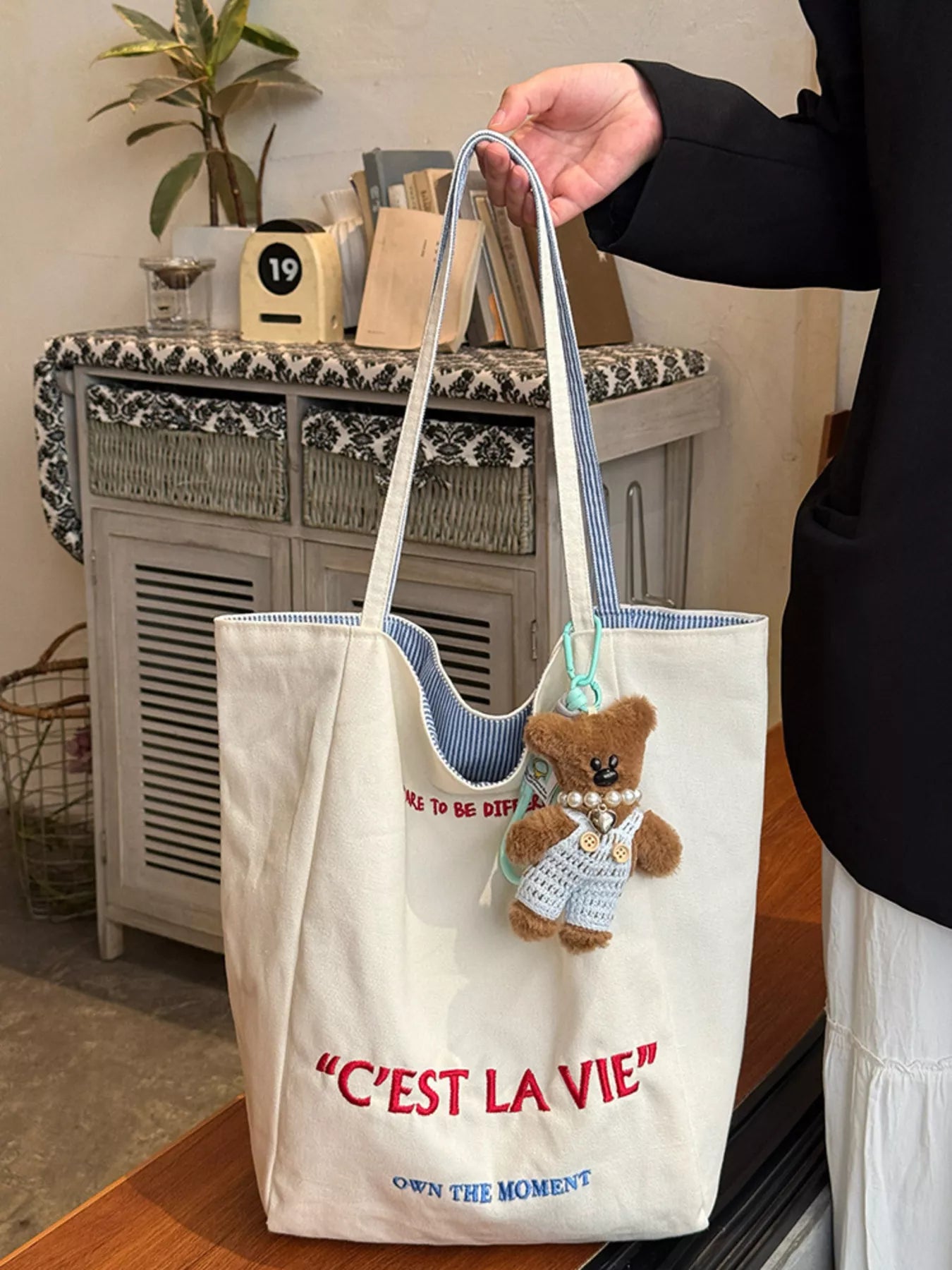 Letter Embroidered Canvas Shoulder Bag