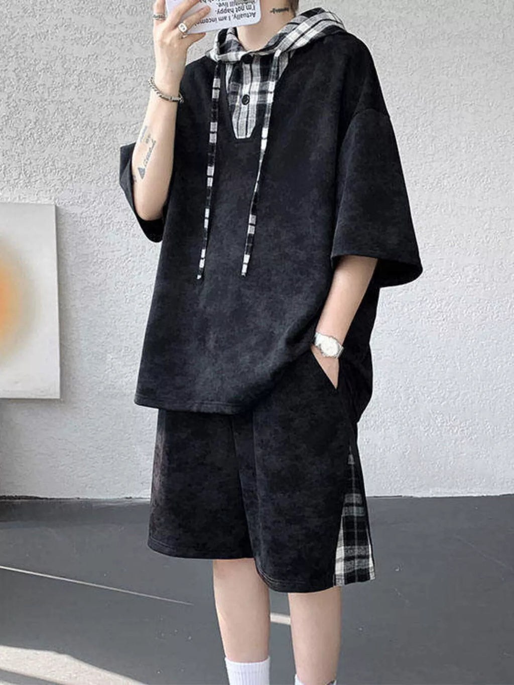 Men's Plus Size Tie-Dye Plaid Patchwork Hoodie and Shorts Set