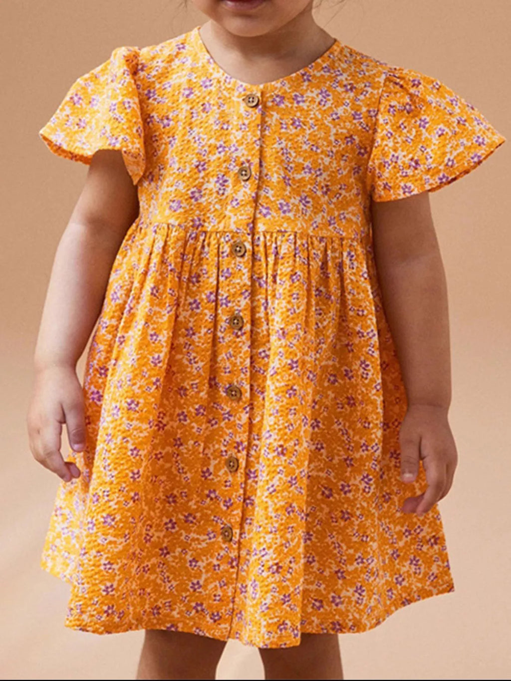 Children's Floral Print Button-Front Flutter Sleeve Dress
