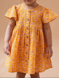 Children's Floral Print Button-Front Flutter Sleeve Dress