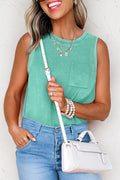 Sea Green Mineral Wash Patched Chest Pocket Casual Tank Top
