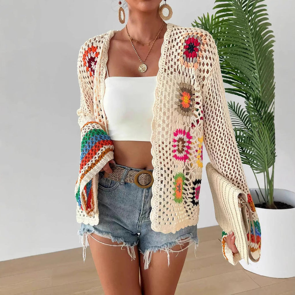 Hand-Crocheted Floral Cardigan Sweater | Boho Open Front Knit Top