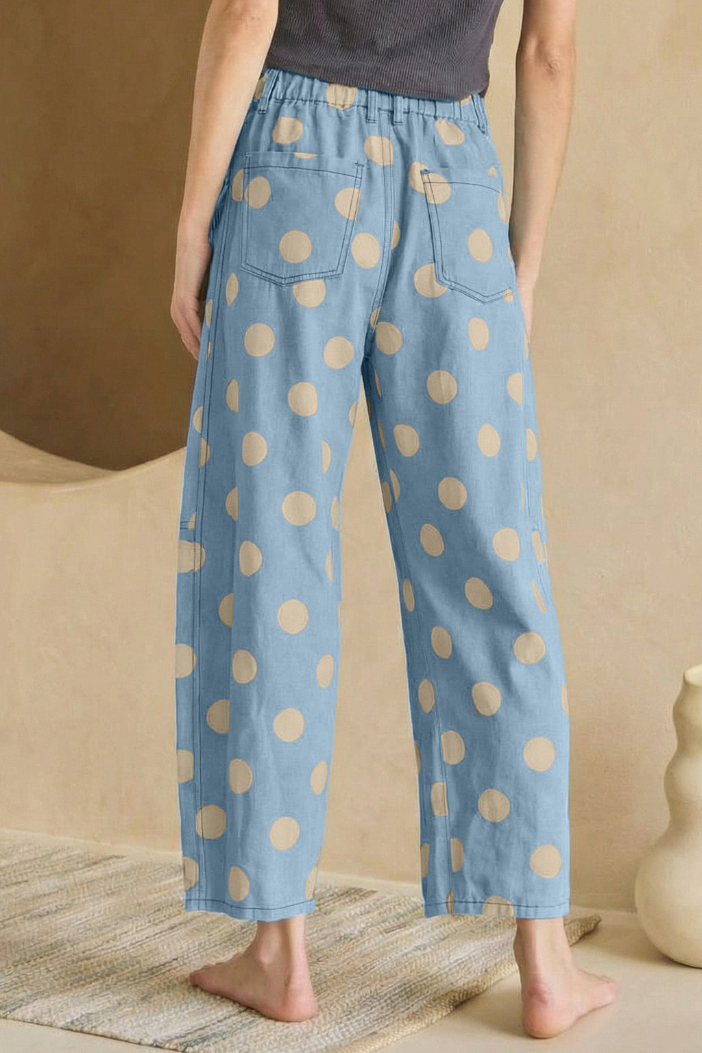 Sky Blue Polka Dot Print Bow Detail Pocketed Jeans