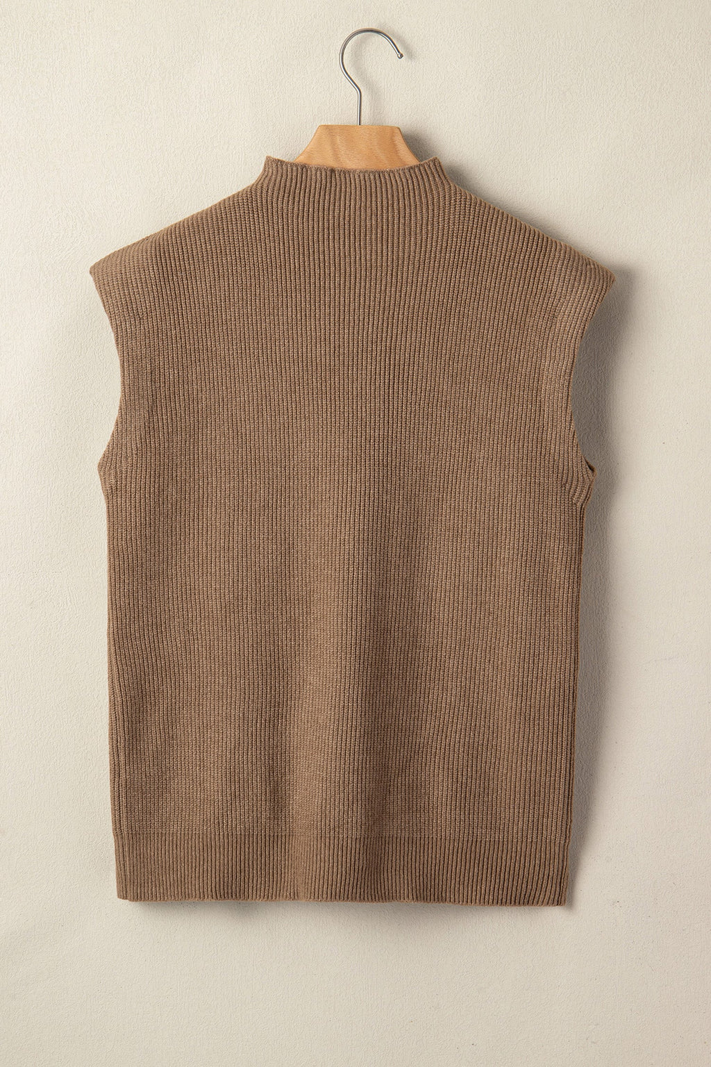 Light French Beige Solid Color Ribbed Knit Mock Neck Loose Sleeveless Sweater