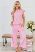 Pink Textured Pearled Ruffled Sleeve Wide Leg Pants Set