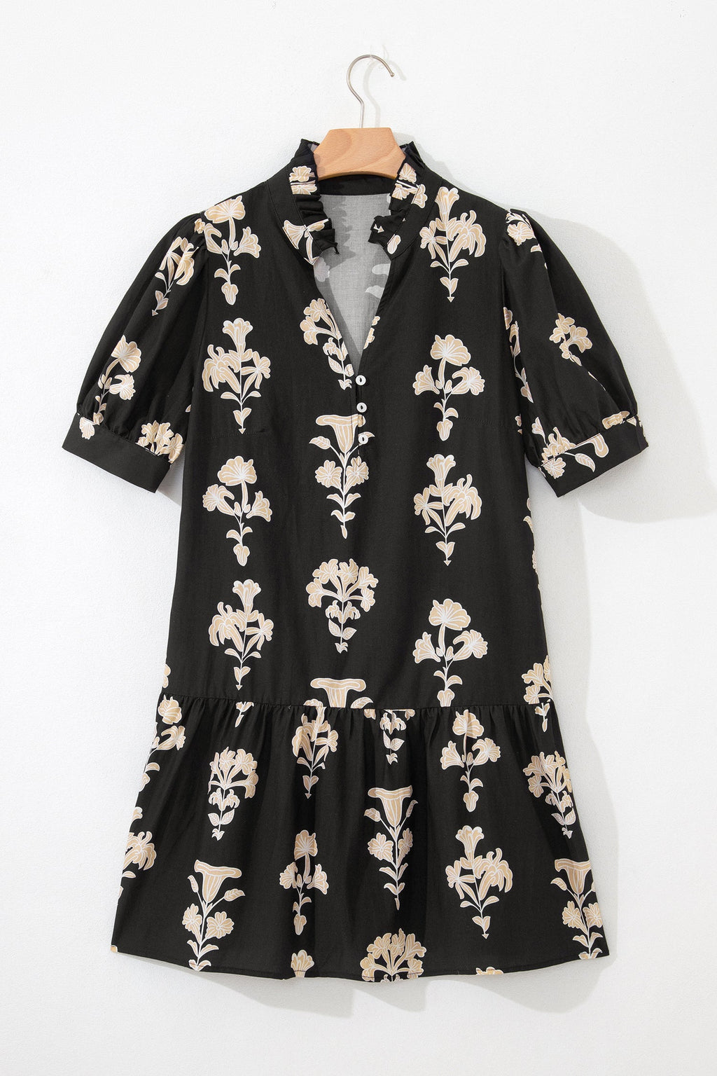 Black Frilled V Neck Puff Short Sleeve Floral Mini Dress