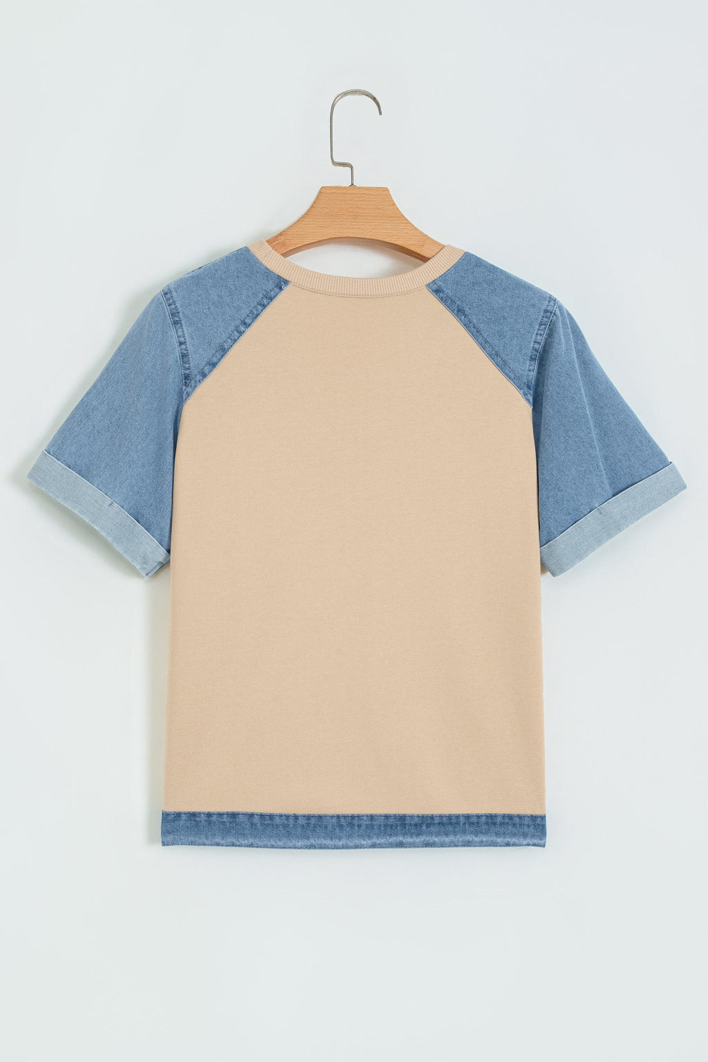 Beige Denim Color Block Patchwork Round Neck Tee