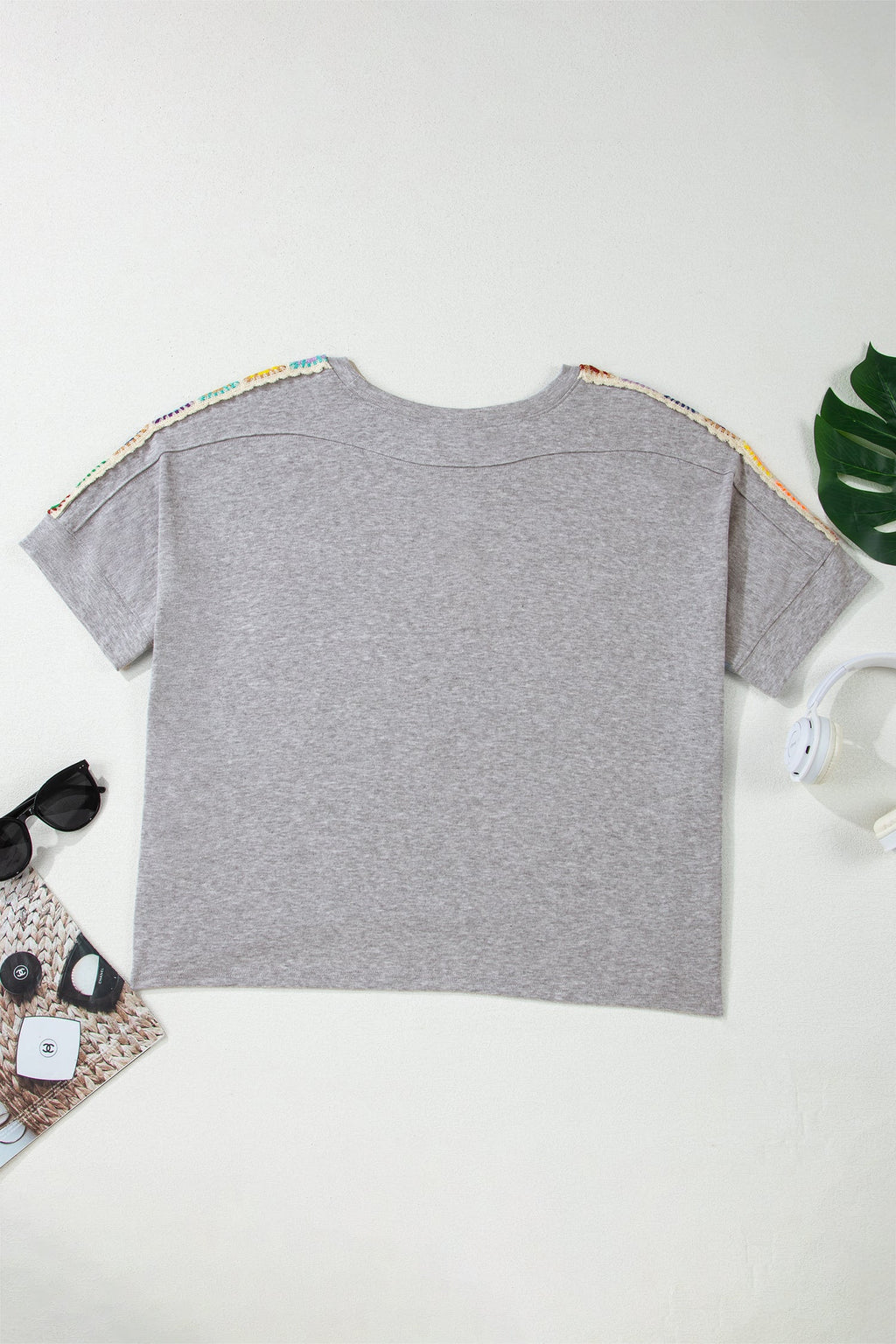 Light Grey Granny Square Crochet Detail Loose T Shirt