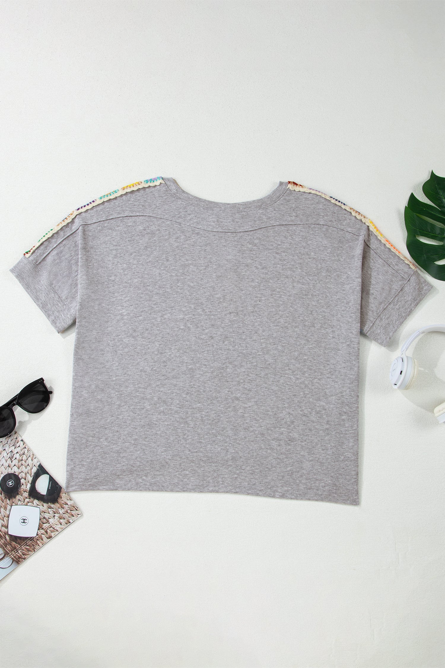 Light Grey Granny Square Crochet Detail Loose T Shirt
