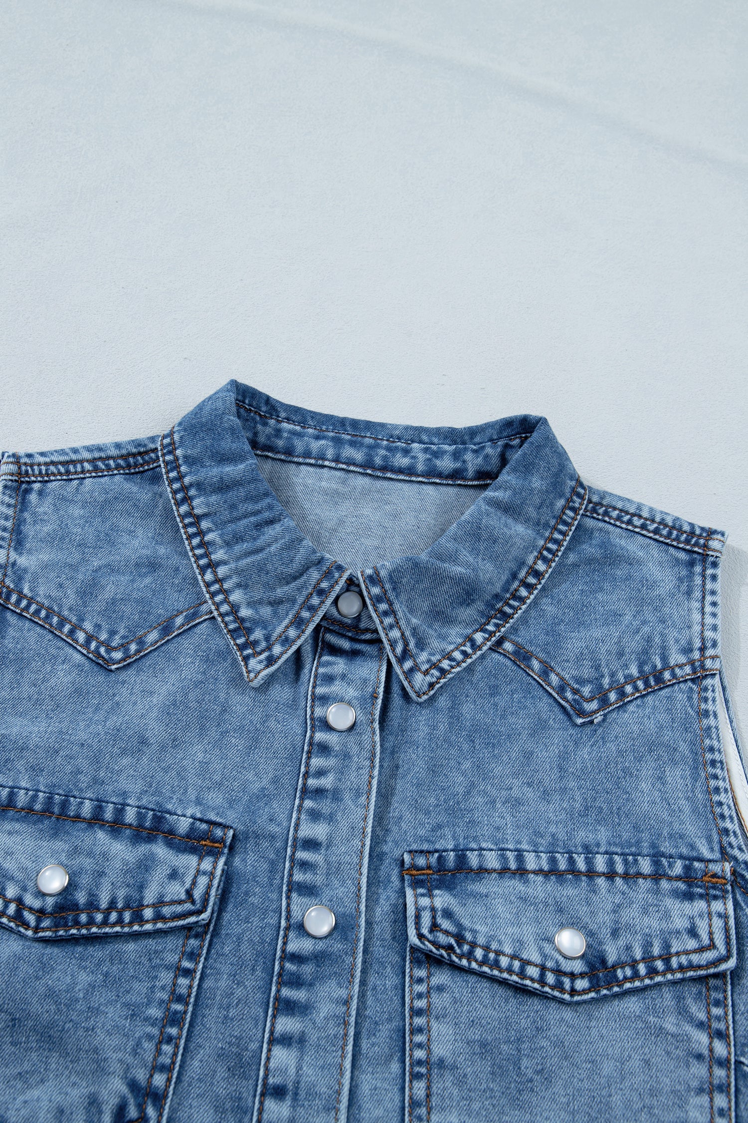 Dusk Blue Buttoned Front Collared Sleeveless Denim Vest