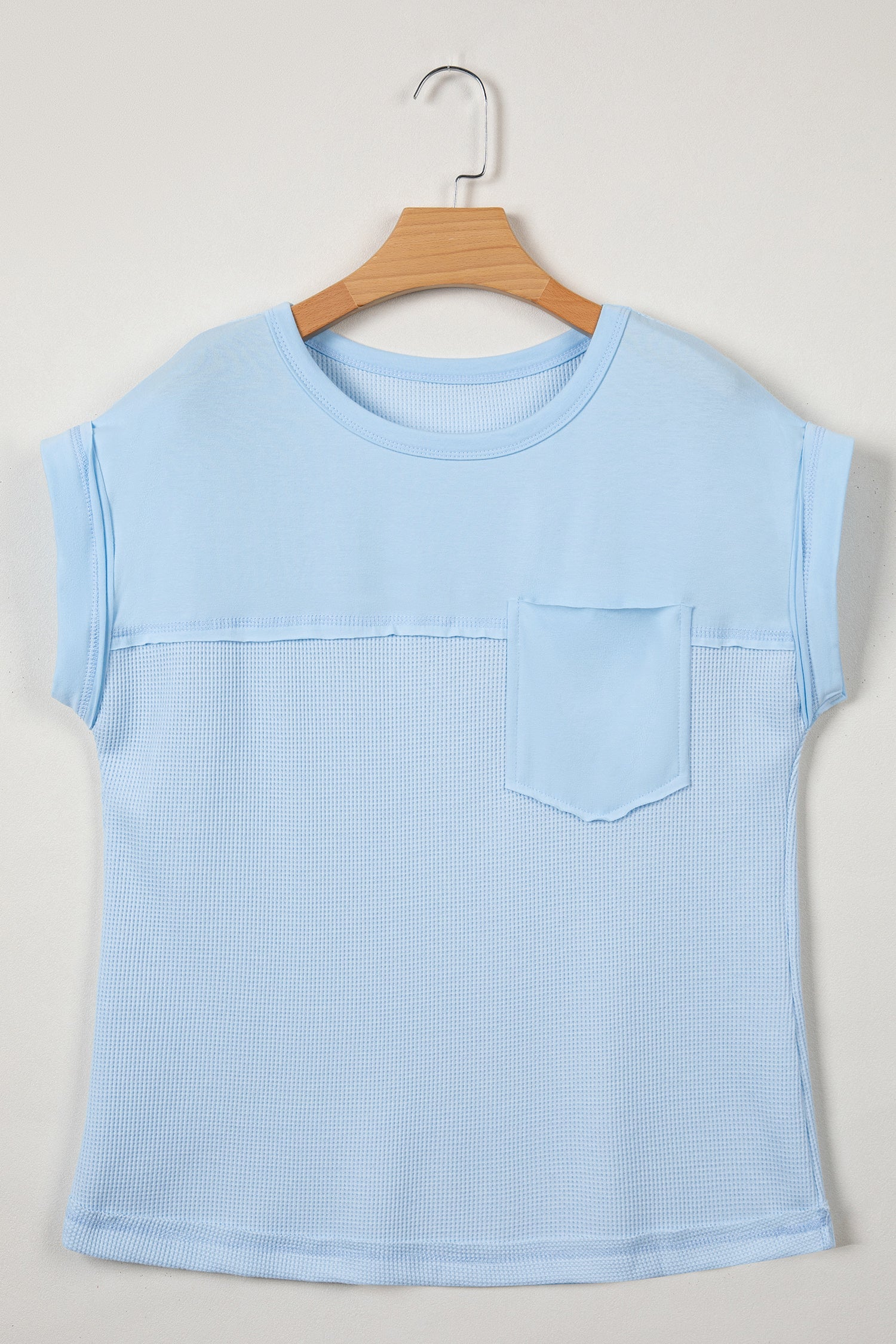 Light Blue Solid Color Raw Seam Waffled Patchwork Casual T Shirt