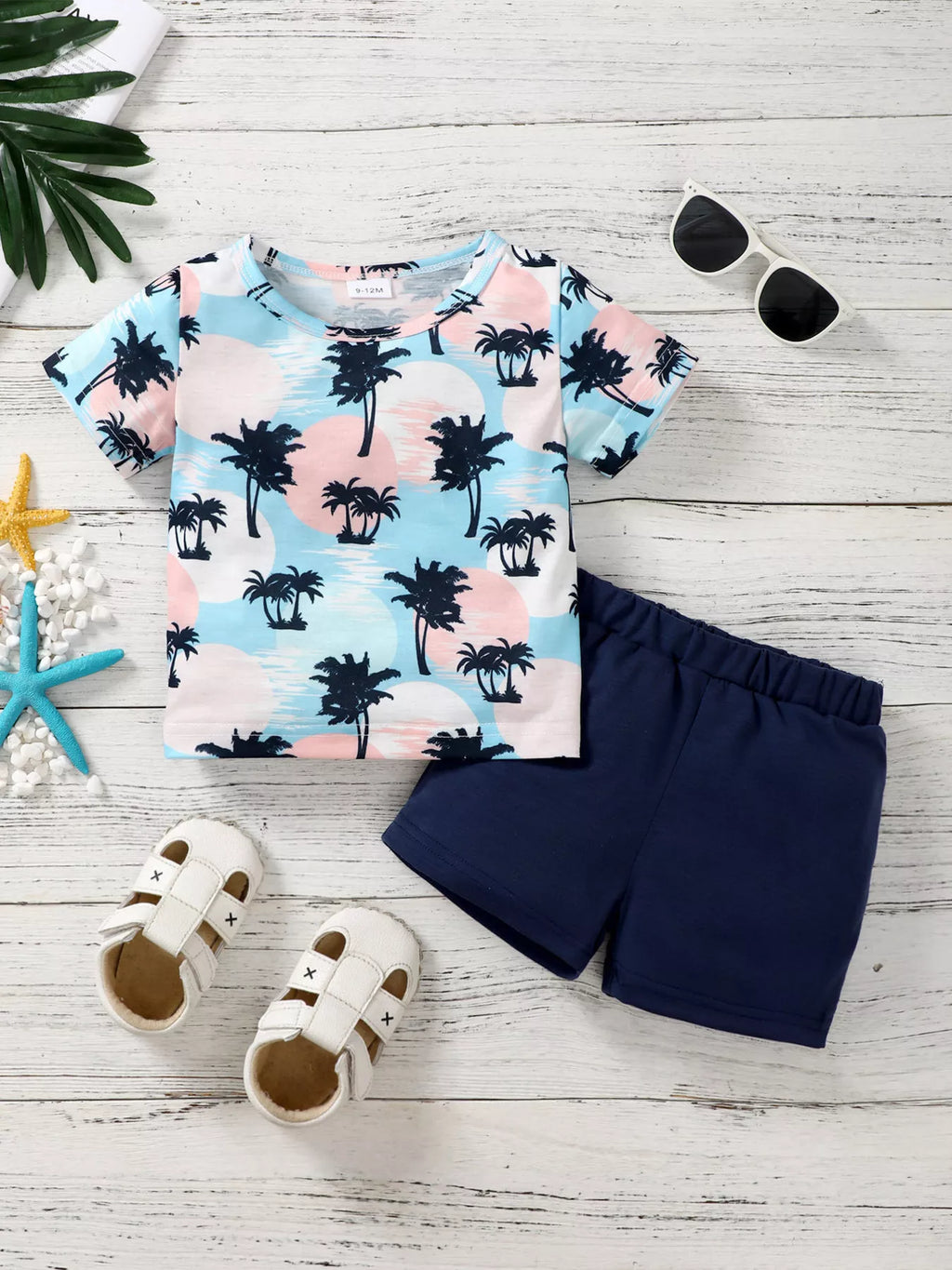 Children's Tropical Palm Print Tee and Shorts Outfit Set
