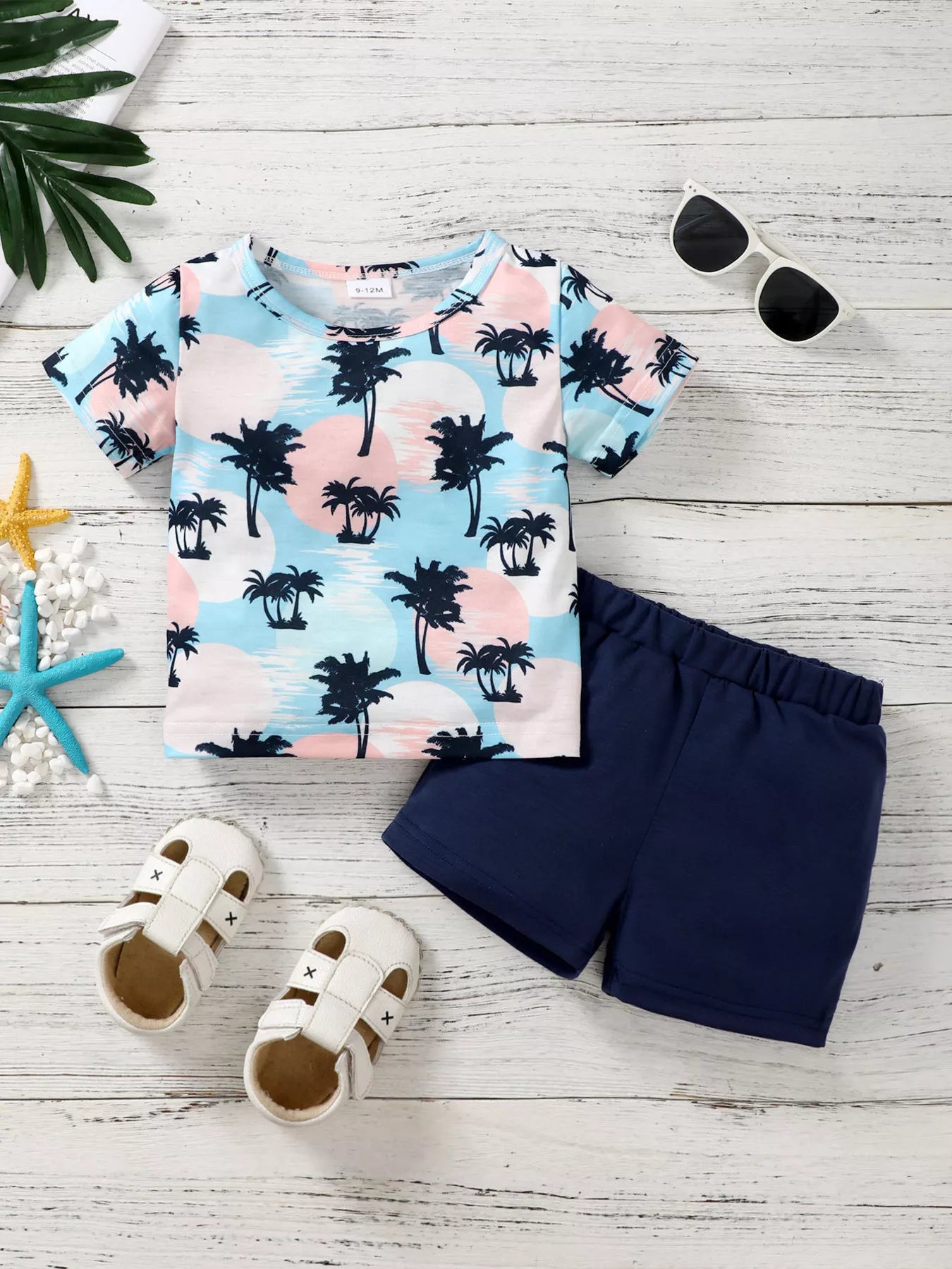 Children's Tropical Palm Print Tee and Shorts Outfit Set
