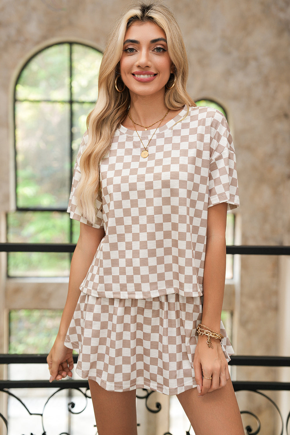 Brown Checkerboard T Shirt and High Waist Skorts Set