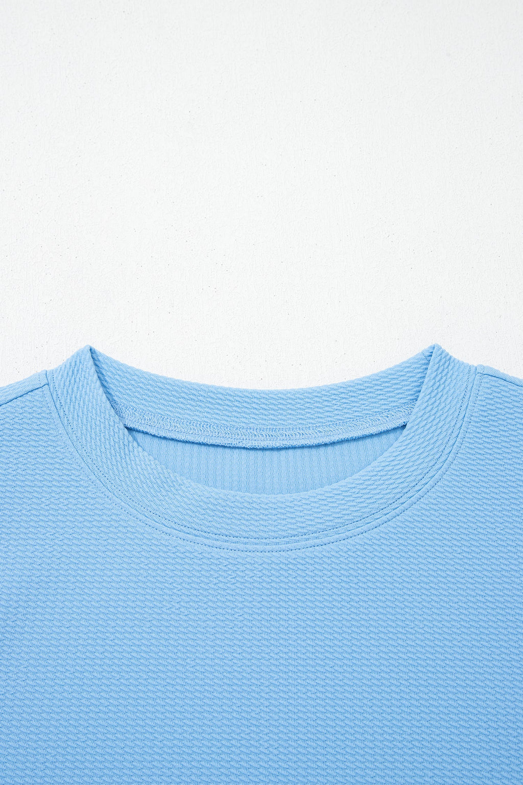 Light Blue Round Neck Textured Contrast Floral Bubble Sleeve Blouse