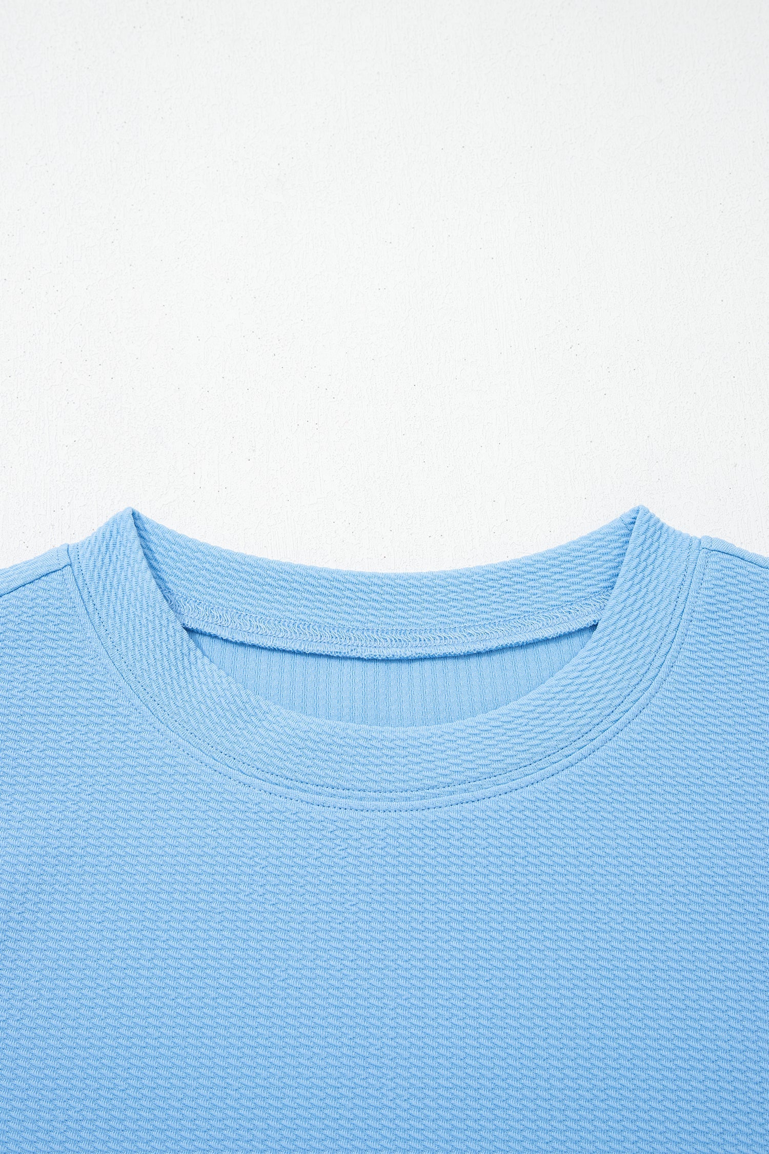 Light Blue Round Neck Textured Contrast Floral Bubble Sleeve Blouse