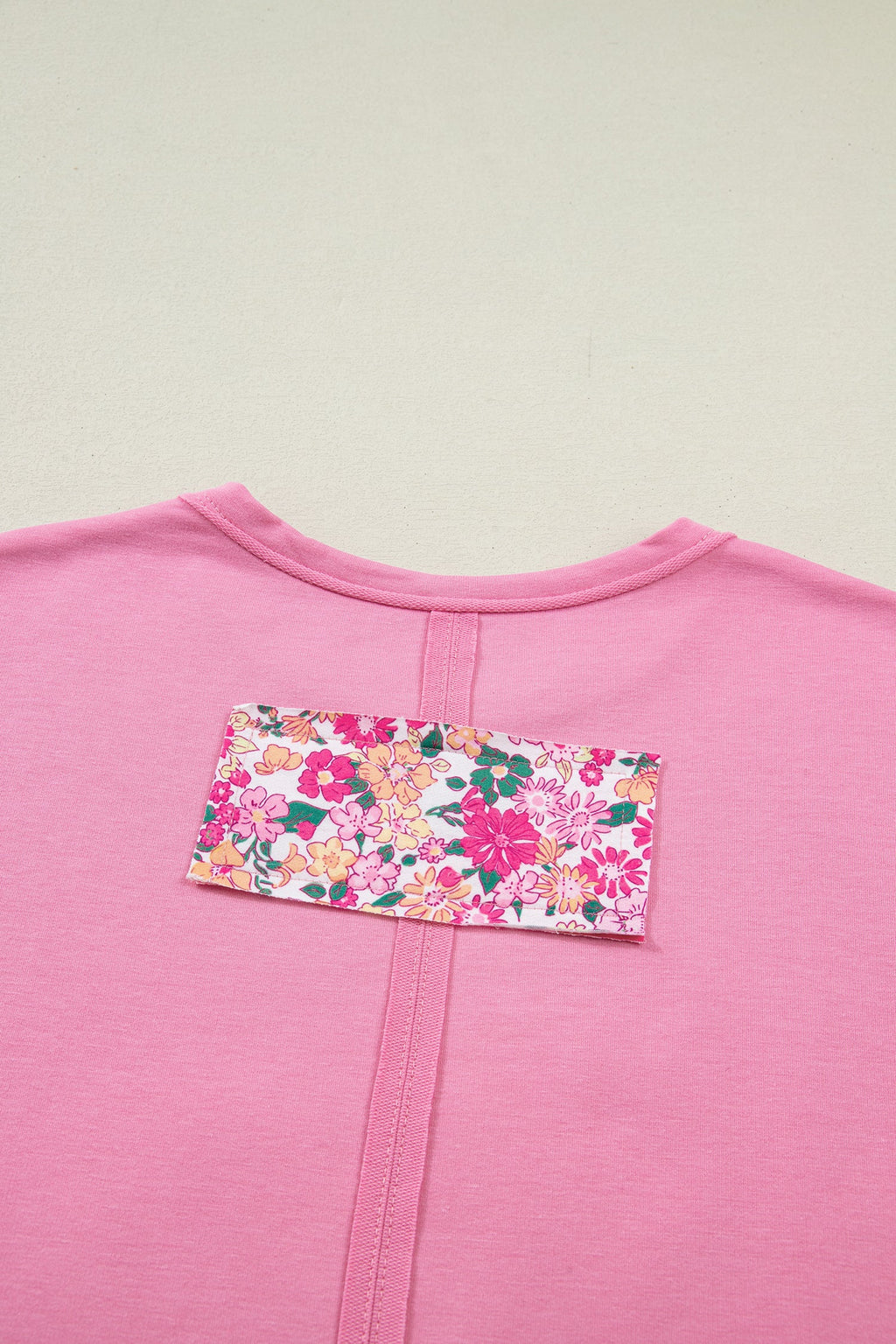 Bright Pink Floral Patched Raw Seam Big Flower Oversize Tee