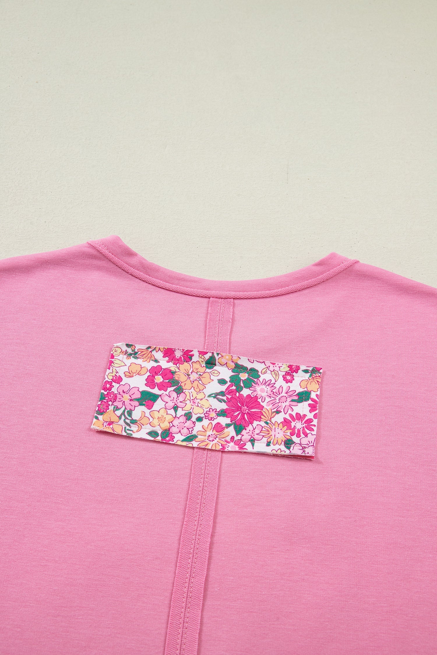 Bright Pink Floral Patched Raw Seam Big Flower Oversize Tee
